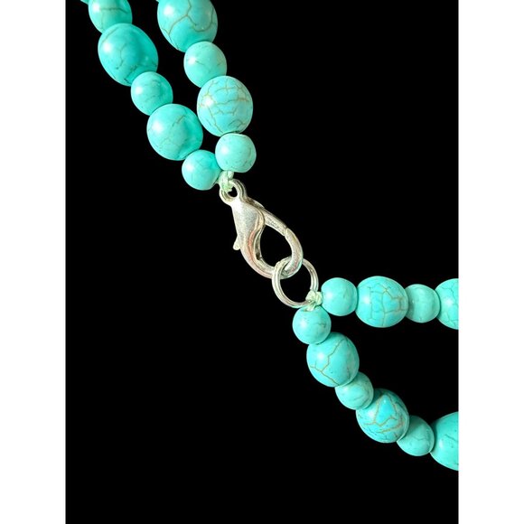 Authentic Turquoise Double Strand 2 Flower Statement Necklace Silver Tone Clasp - Picture 4 of 4